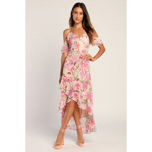 Lulus Watch Me Grow Pink Floral Print Cold-shoulder High-low Dress - Size M